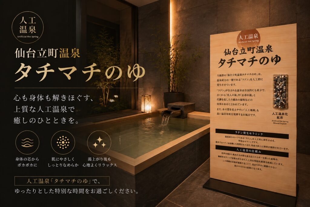 【人工温泉「仙台立町温泉 タチマチのゆ」で心地よいリラックスタイムを】